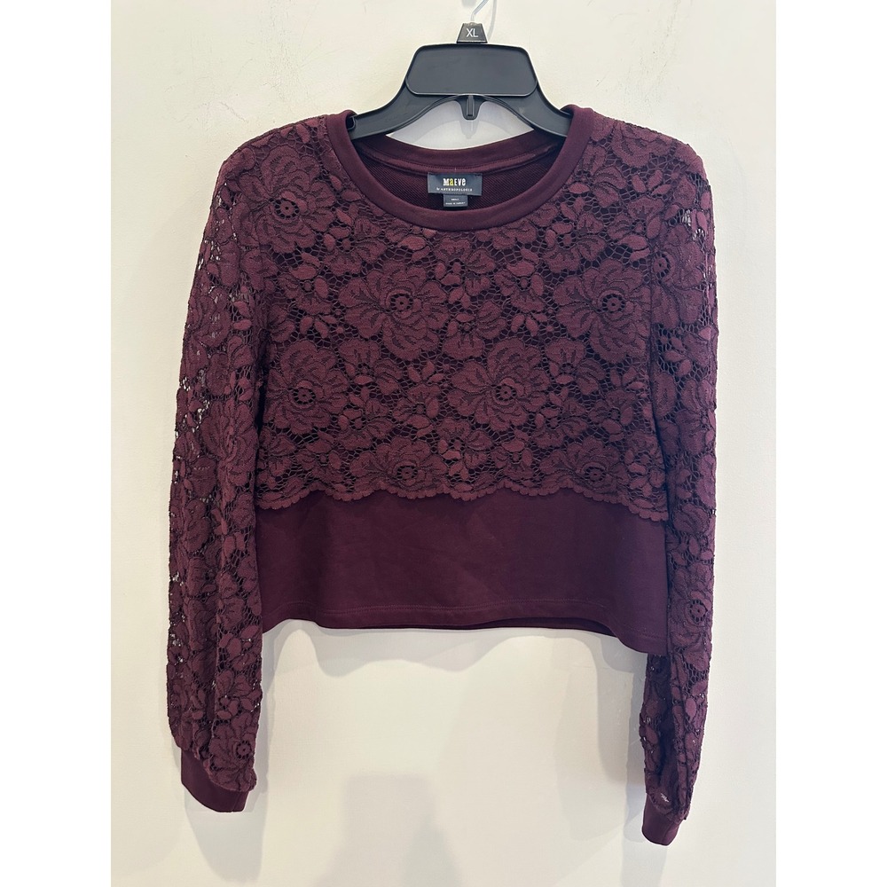 Maeve Anthropologie Burgundy Lace Cropped Sweatshirt Small Floral Long Sleeve